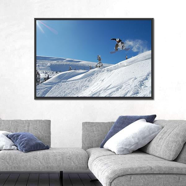 Snowboarder Jumping From A Cliff In Snow Powder Canvas Wall Art-3 Horizontal-Gallery Wrap-25" x 16"-Tiaracle