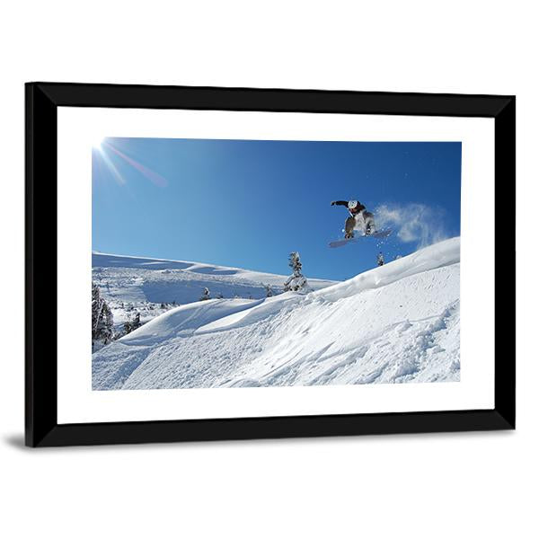 Snowboarder Jumping From A Cliff In Snow Powder Canvas Wall Art-3 Horizontal-Gallery Wrap-25" x 16"-Tiaracle