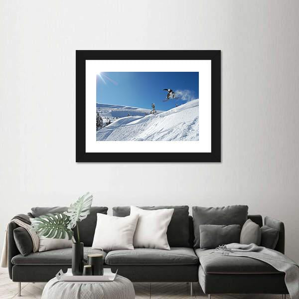 Snowboarder Jumping From A Cliff In Snow Powder Canvas Wall Art-3 Horizontal-Gallery Wrap-25" x 16"-Tiaracle