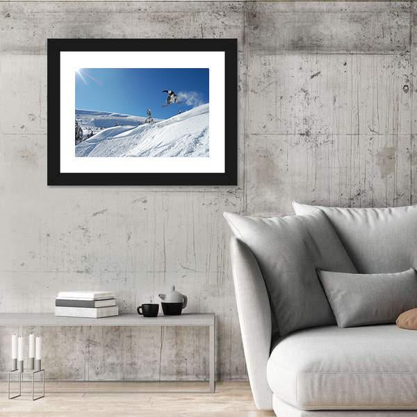 Snowboarder Jumping From A Cliff In Snow Powder Canvas Wall Art-3 Horizontal-Gallery Wrap-25" x 16"-Tiaracle