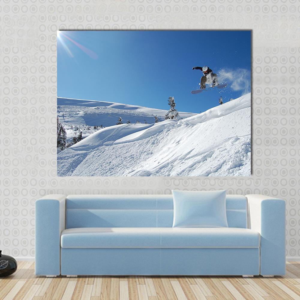 Snowboarder Jumping From A Cliff In Snow Powder Canvas Wall Art-1 Piece-Gallery Wrap-48" x 32"-Tiaracle