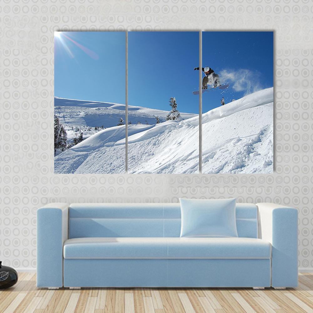 Snowboarder Jumping From A Cliff In Snow Powder Canvas Wall Art-3 Horizontal-Gallery Wrap-37" x 24"-Tiaracle