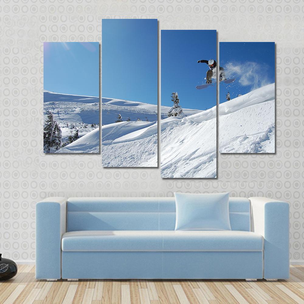 Snowboarder Jumping From A Cliff In Snow Powder Canvas Wall Art-4 Pop-Gallery Wrap-50" x 32"-Tiaracle