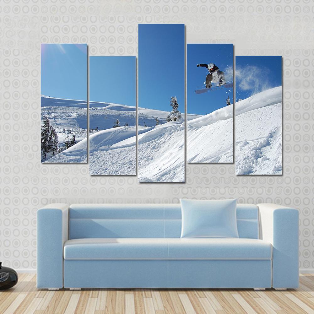 Snowboarder Jumping From A Cliff In Snow Powder Canvas Wall Art-5 Pop-Gallery Wrap-47" x 32"-Tiaracle