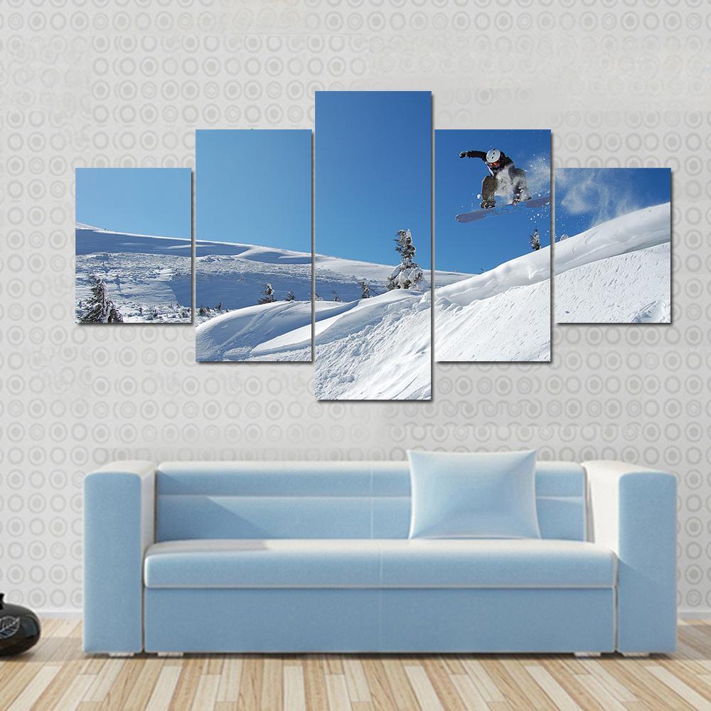 Snowboarder Jumping From A Cliff In Snow Powder Canvas Wall Art-5 Star-Gallery Wrap-62" x 32"-Tiaracle