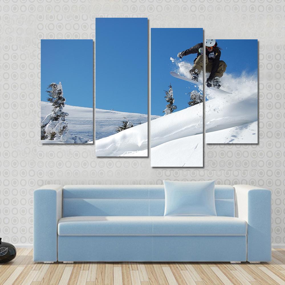 Snowboarder Jumping Motion Canvas Wall Art-4 Pop-Gallery Wrap-50" x 32"-Tiaracle