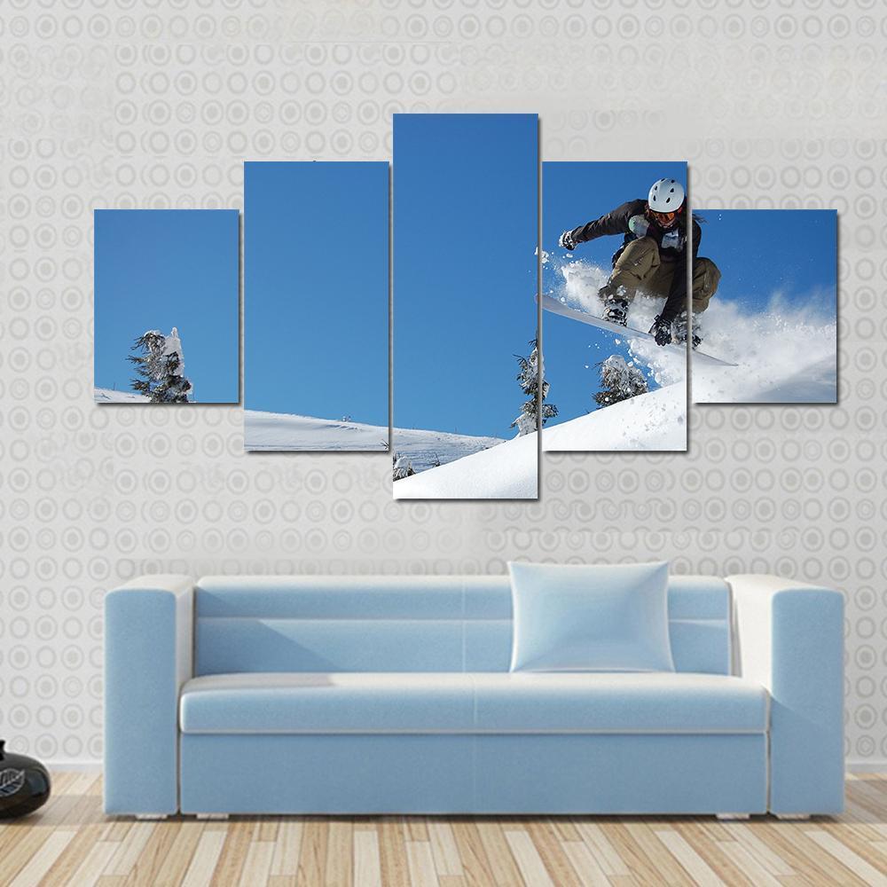 Snowboarder Jumping Motion Canvas Wall Art-5 Star-Gallery Wrap-62" x 32"-Tiaracle