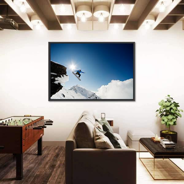 Snowboarder Jumping Through Air After Rock Drop Canvas Wall Art-3 Horizontal-Gallery Wrap-25" x 16"-Tiaracle