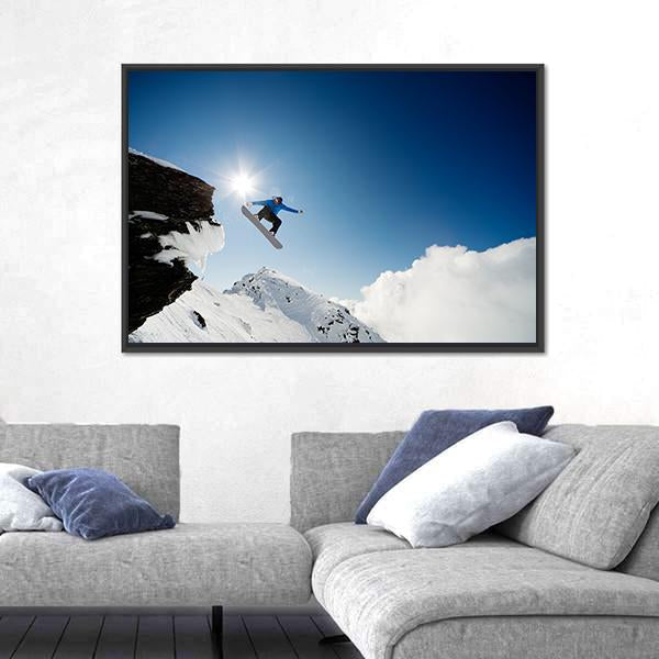 Snowboarder Jumping Through Air After Rock Drop Canvas Wall Art-3 Horizontal-Gallery Wrap-25" x 16"-Tiaracle