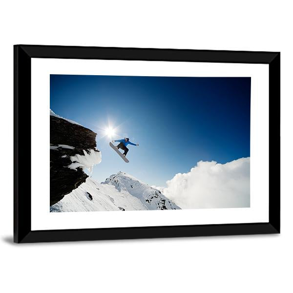 Snowboarder Jumping Through Air After Rock Drop Canvas Wall Art-3 Horizontal-Gallery Wrap-25" x 16"-Tiaracle