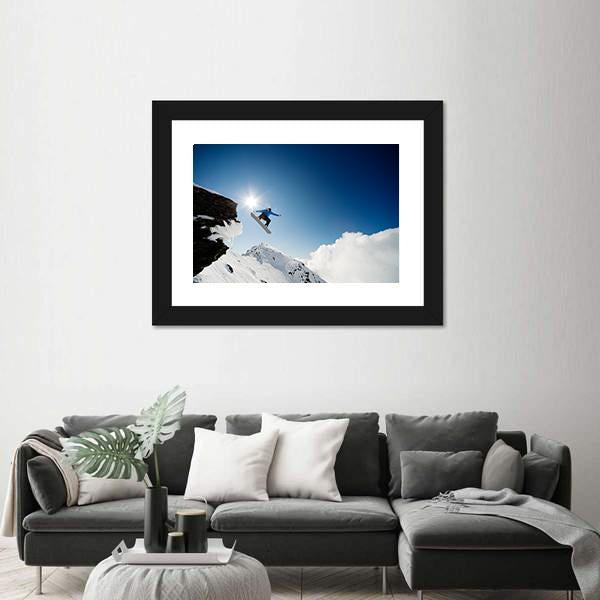 Snowboarder Jumping Through Air After Rock Drop Canvas Wall Art-3 Horizontal-Gallery Wrap-25" x 16"-Tiaracle