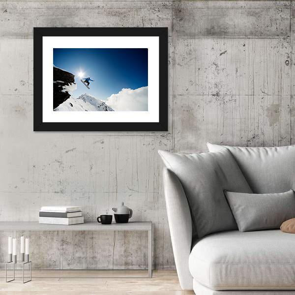 Snowboarder Jumping Through Air After Rock Drop Canvas Wall Art-3 Horizontal-Gallery Wrap-25" x 16"-Tiaracle