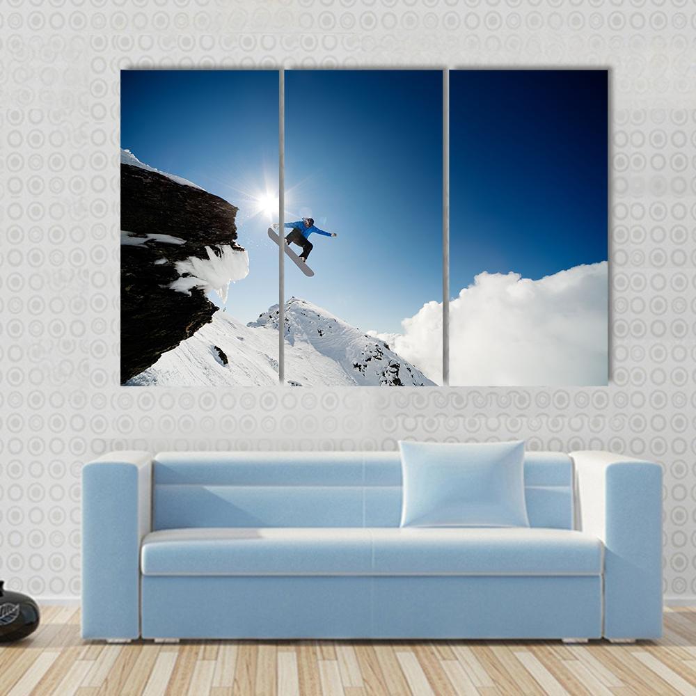 Snowboarder Jumping Through Air After Rock Drop Canvas Wall Art-3 Horizontal-Gallery Wrap-37" x 24"-Tiaracle