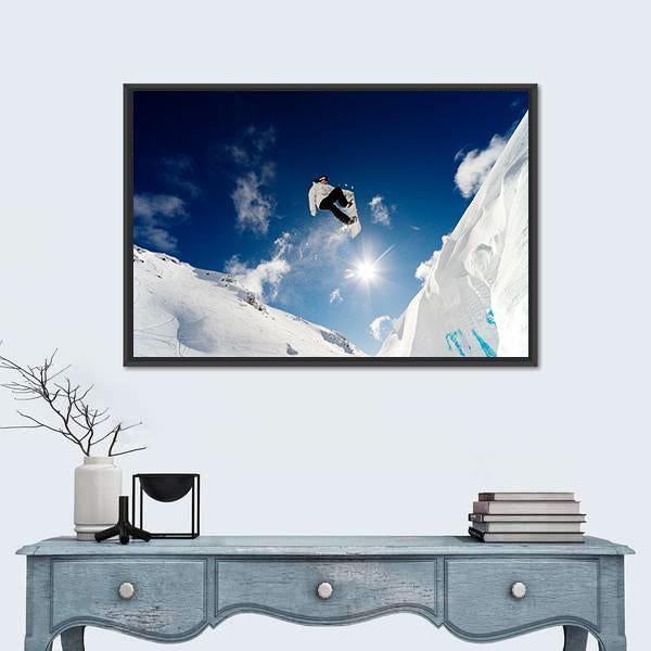 Snowboarder Jumping Through The Air With Blue Sky Canvas Wall Art-1 Piece-Floating Frame-24" x 16"-Tiaracle