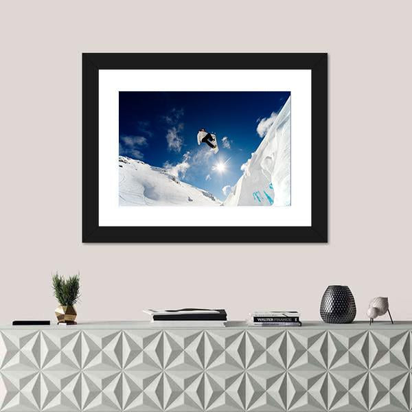 Snowboarder Jumping Through The Air With Blue Sky Canvas Wall Art-1 Piece-Framed Print-20" x 16"-Tiaracle