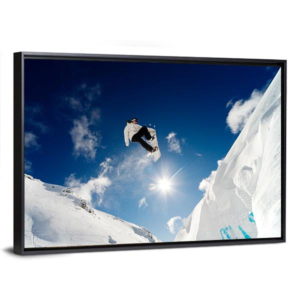 Snowboarder Jumping Through The Air With Blue Sky Canvas Wall Art-3 Horizontal-Gallery Wrap-25" x 16"-Tiaracle