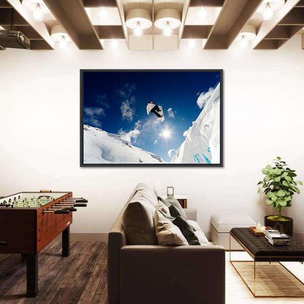 Snowboarder Jumping Through The Air With Blue Sky Canvas Wall Art-3 Horizontal-Gallery Wrap-25" x 16"-Tiaracle