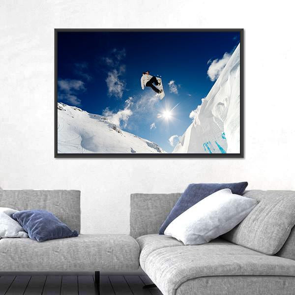 Snowboarder Jumping Through The Air With Blue Sky Canvas Wall Art-3 Horizontal-Gallery Wrap-25" x 16"-Tiaracle