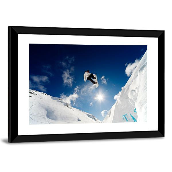 Snowboarder Jumping Through The Air With Blue Sky Canvas Wall Art-3 Horizontal-Gallery Wrap-25" x 16"-Tiaracle