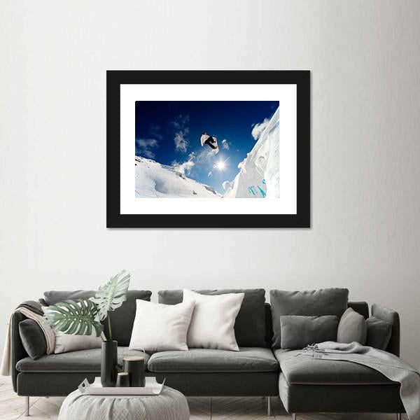 Snowboarder Jumping Through The Air With Blue Sky Canvas Wall Art-3 Horizontal-Gallery Wrap-25" x 16"-Tiaracle