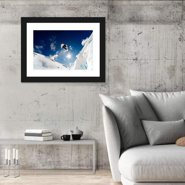 Snowboarder Jumping Through The Air With Blue Sky Canvas Wall Art-3 Horizontal-Gallery Wrap-25" x 16"-Tiaracle