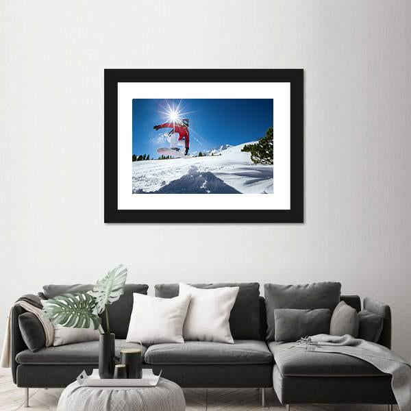 Snowboarder Taking A Jump In Fresh Snow Canvas Wall Art-1 Piece-Framed Print-20" x 16"-Tiaracle