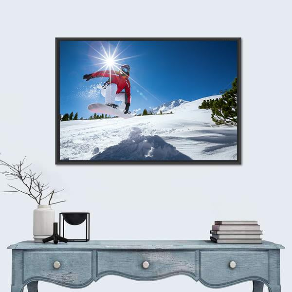 Snowboarder Taking A Jump In Fresh Snow Canvas Wall Art-3 Horizontal-Gallery Wrap-25" x 16"-Tiaracle