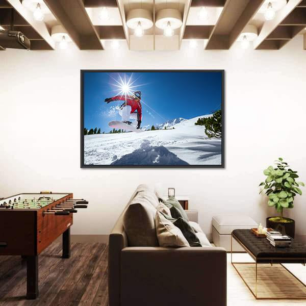 Snowboarder Taking A Jump In Fresh Snow Canvas Wall Art-1 Piece-Floating Frame-24" x 16"-Tiaracle