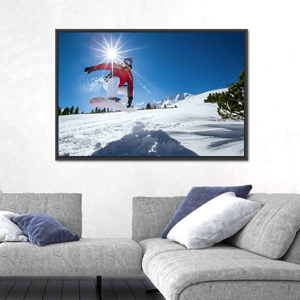 Snowboarder Taking A Jump In Fresh Snow Canvas Wall Art-3 Horizontal-Gallery Wrap-25" x 16"-Tiaracle