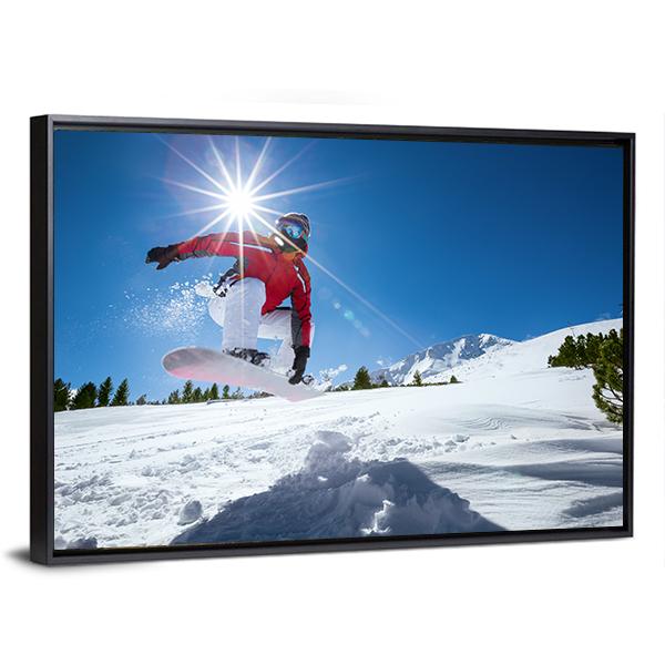 Snowboarder Taking A Jump In Fresh Snow Canvas Wall Art-3 Horizontal-Gallery Wrap-25" x 16"-Tiaracle