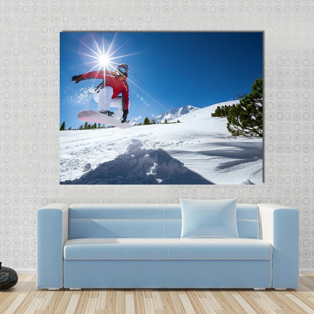 Snowboarder Taking A Jump In Fresh Snow Canvas Wall Art-1 Piece-Gallery Wrap-48" x 32"-Tiaracle