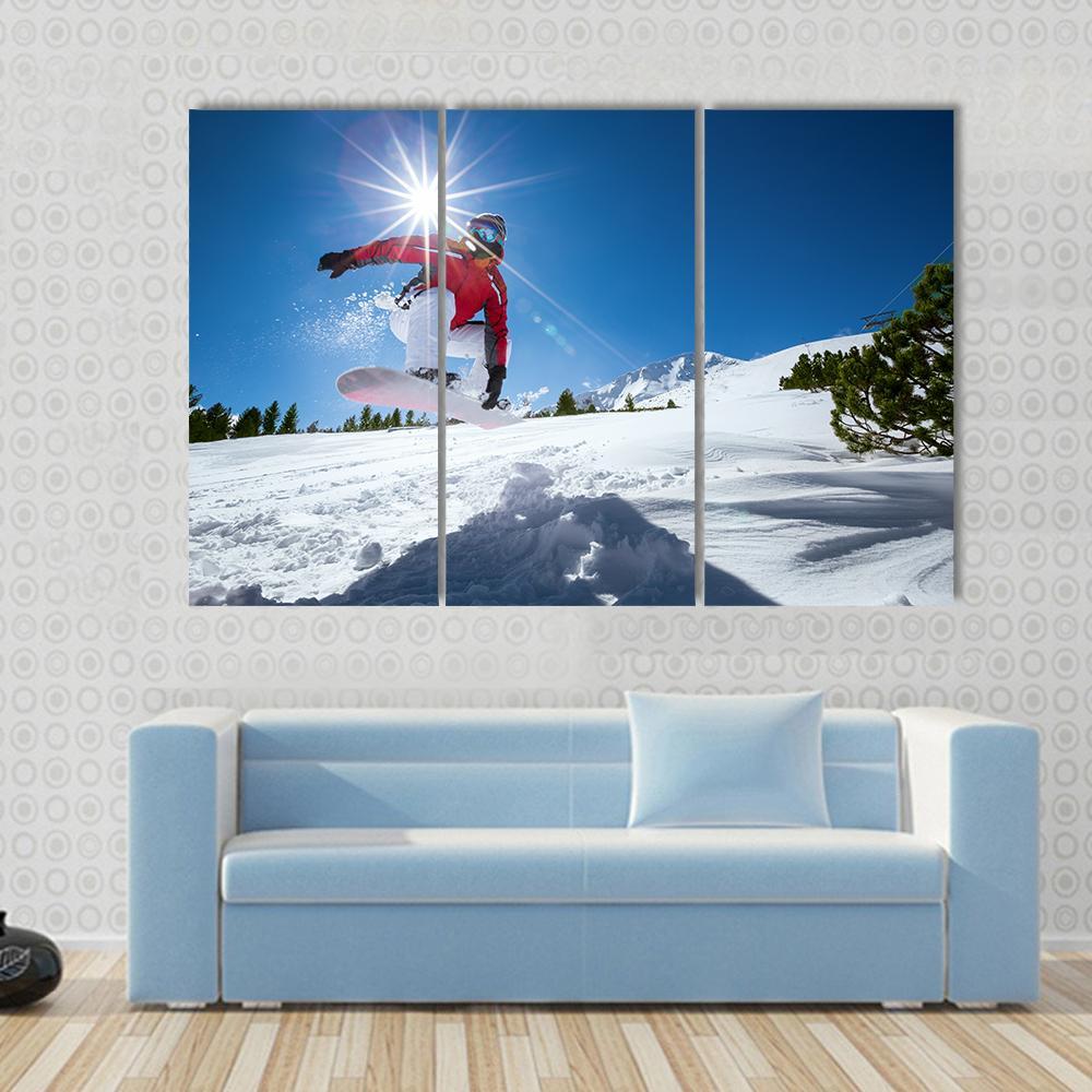 Snowboarder Taking A Jump In Fresh Snow Canvas Wall Art-3 Horizontal-Gallery Wrap-37" x 24"-Tiaracle