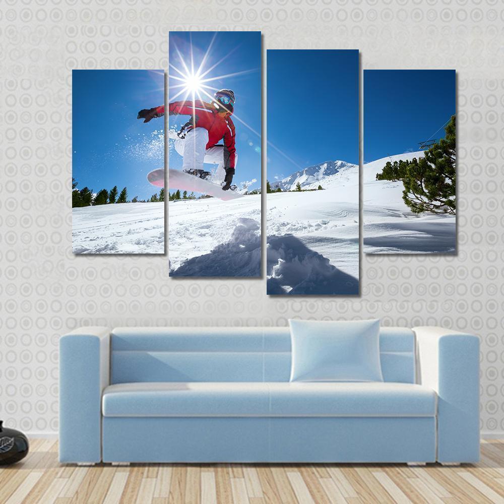 Snowboarder Taking A Jump In Fresh Snow Canvas Wall Art-4 Pop-Gallery Wrap-50" x 32"-Tiaracle