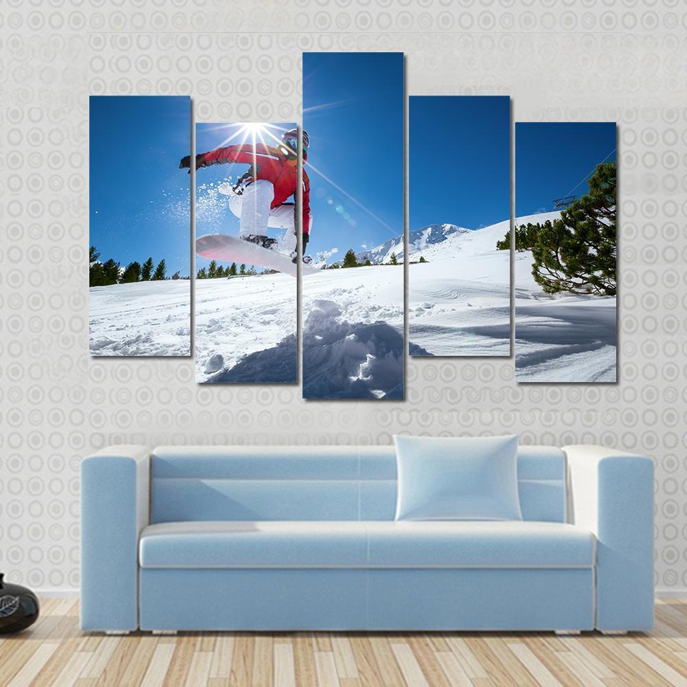 Snowboarder Taking A Jump In Fresh Snow Canvas Wall Art-5 Pop-Gallery Wrap-47" x 32"-Tiaracle