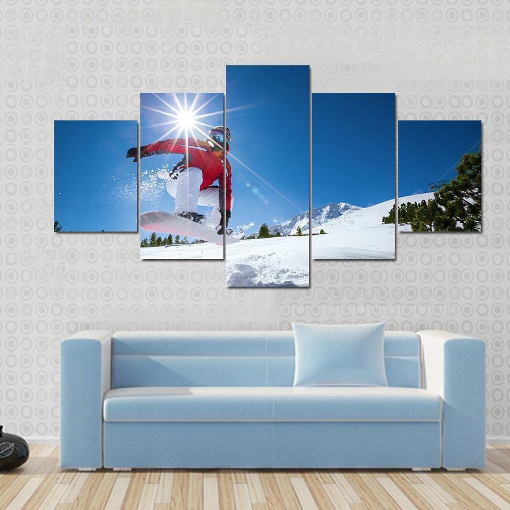 Snowboarder Taking A Jump In Fresh Snow Canvas Wall Art-5 Star-Gallery Wrap-62" x 32"-Tiaracle