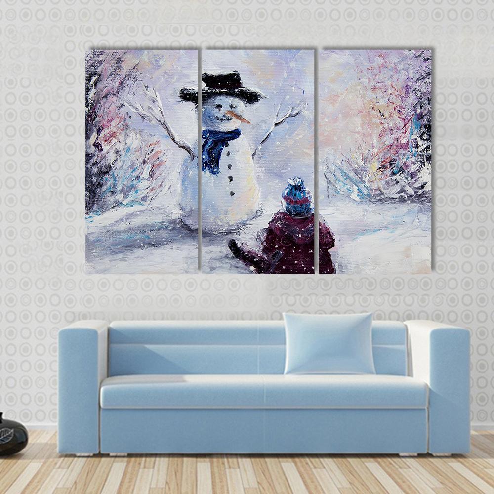 Snowman & Child Canvas Wall Art-3 Horizontal-Gallery Wrap-37" x 24"-Tiaracle