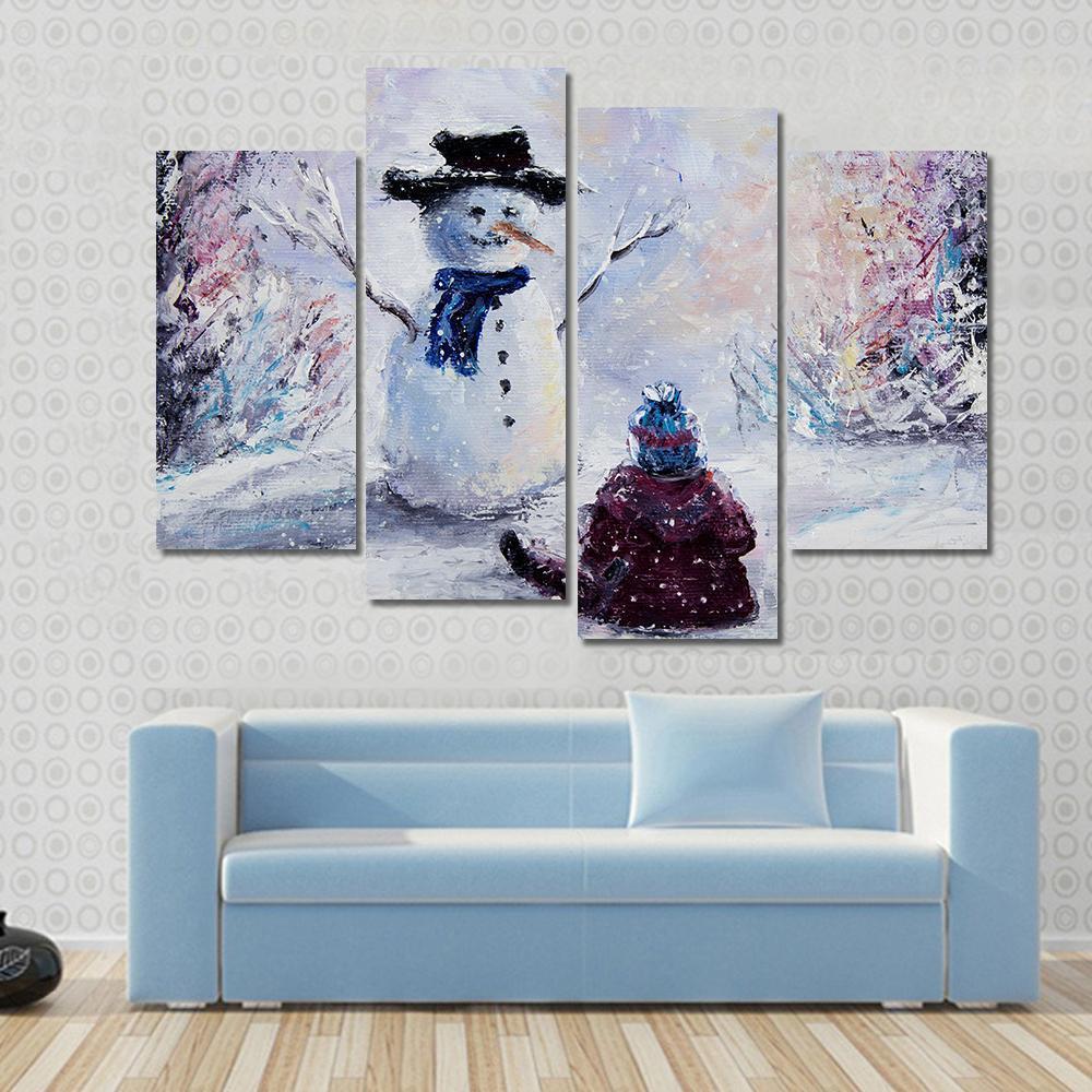 Snowman & Child Canvas Wall Art-4 Pop-Gallery Wrap-50" x 32"-Tiaracle