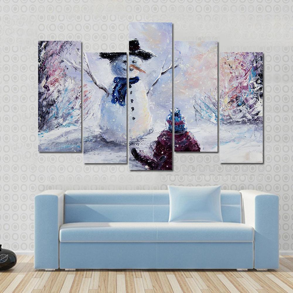 Snowman & Child Canvas Wall Art-5 Pop-Gallery Wrap-47" x 32"-Tiaracle