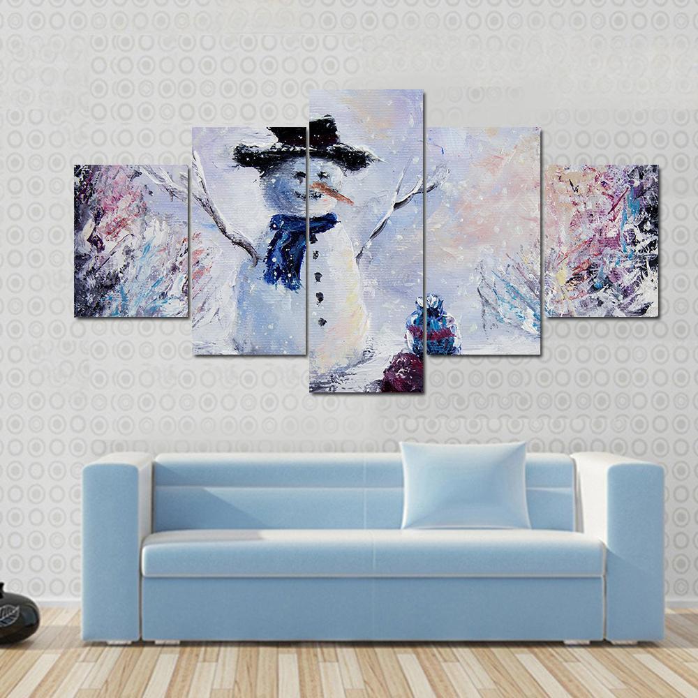 Snowman & Child Canvas Wall Art-5 Star-Gallery Wrap-62" x 32"-Tiaracle