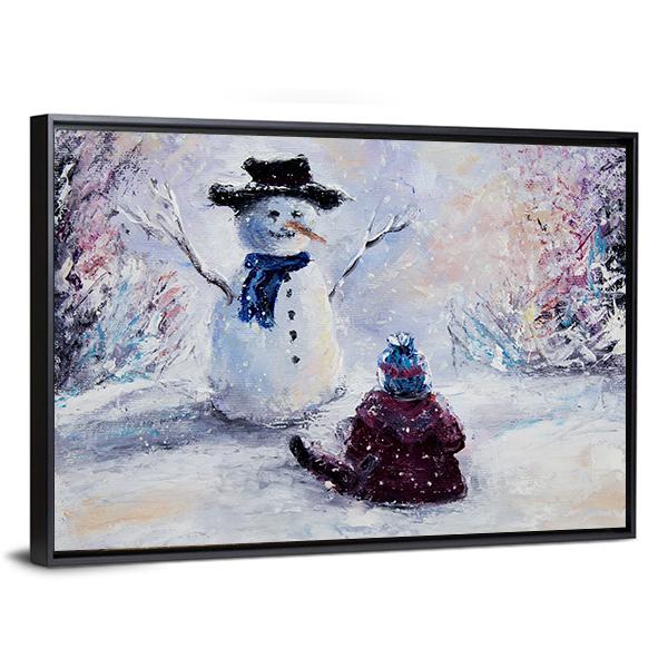 Snowman & Child Canvas Wall Art-3 Horizontal-Gallery Wrap-25" x 16"-Tiaracle