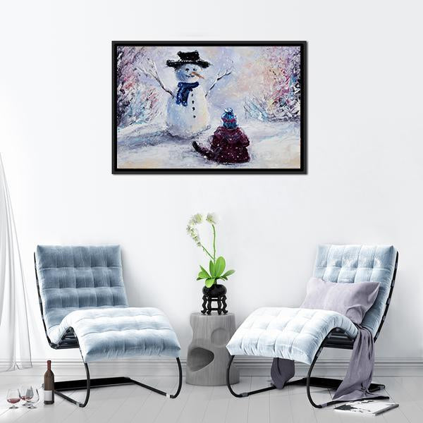 Snowman & Child Canvas Wall Art-1 Piece-Floating Frame-24" x 16"-Tiaracle