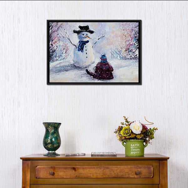 Snowman & Child Canvas Wall Art-3 Horizontal-Gallery Wrap-25" x 16"-Tiaracle