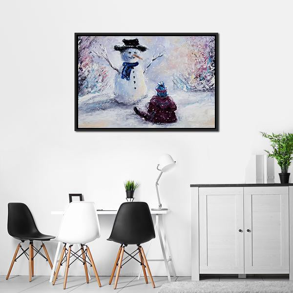 Snowman & Child Canvas Wall Art-3 Horizontal-Gallery Wrap-25" x 16"-Tiaracle