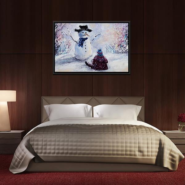 Snowman & Child Canvas Wall Art-3 Horizontal-Gallery Wrap-25" x 16"-Tiaracle