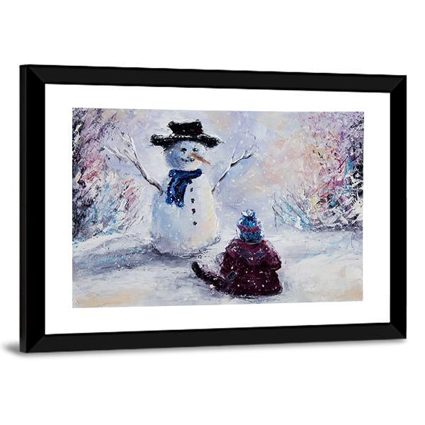 Snowman & Child Canvas Wall Art-3 Horizontal-Gallery Wrap-25" x 16"-Tiaracle