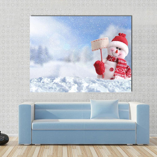 Snowman With A Blank Placard In His Hand Canvas Wall Art-1 Piece-Gallery Wrap-48" x 32"-Tiaracle