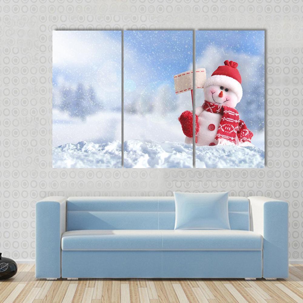 Snowman With A Blank Placard In His Hand Canvas Wall Art-3 Horizontal-Gallery Wrap-37" x 24"-Tiaracle