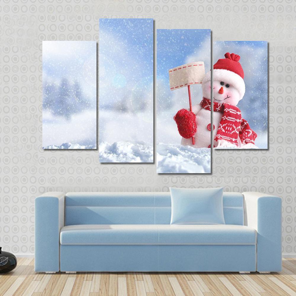 Snowman With A Blank Placard In His Hand Canvas Wall Art-4 Pop-Gallery Wrap-50" x 32"-Tiaracle