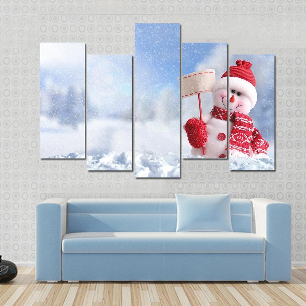 Snowman With A Blank Placard In His Hand Canvas Wall Art-5 Pop-Gallery Wrap-47" x 32"-Tiaracle