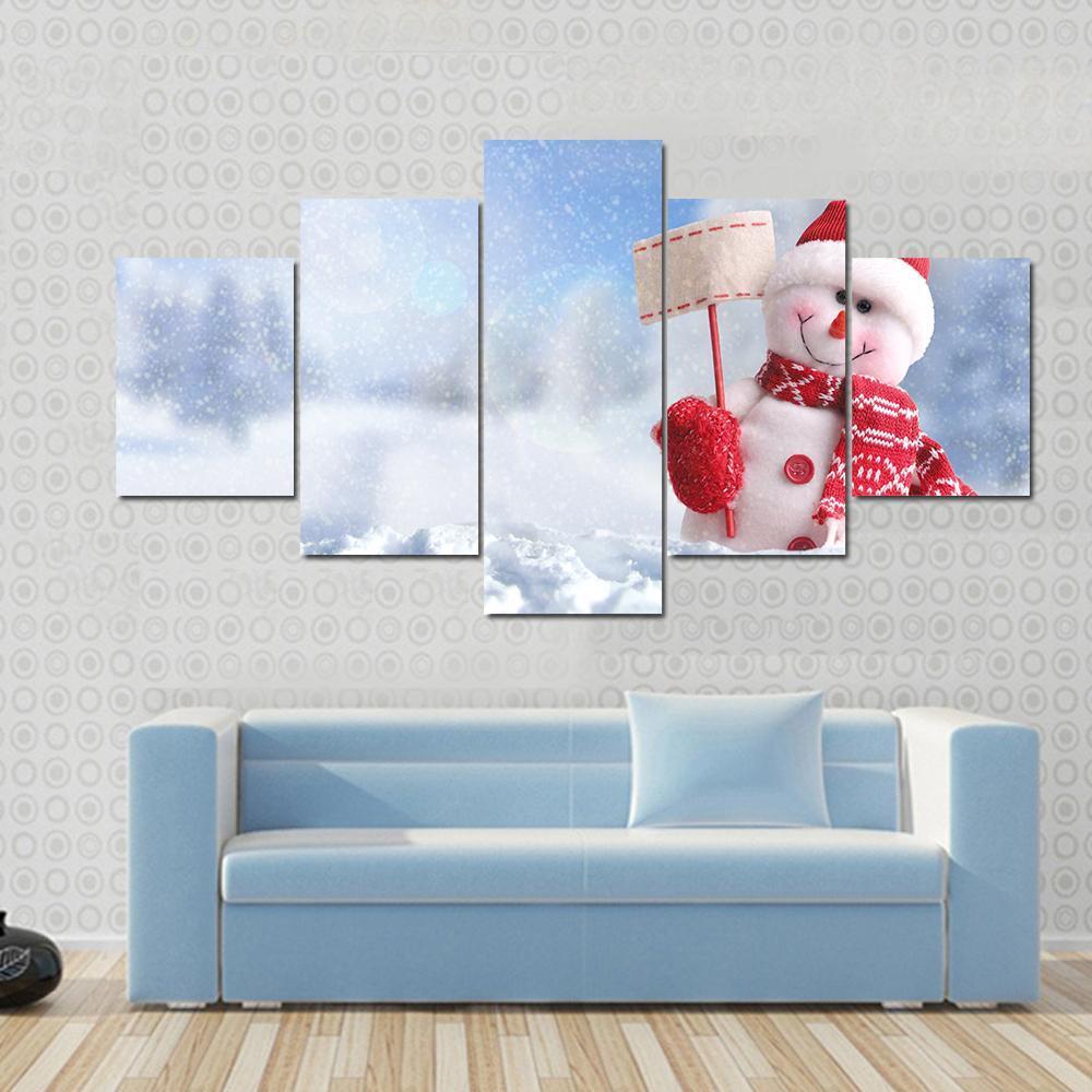 Snowman With A Blank Placard In His Hand Canvas Wall Art-5 Star-Gallery Wrap-62" x 32"-Tiaracle